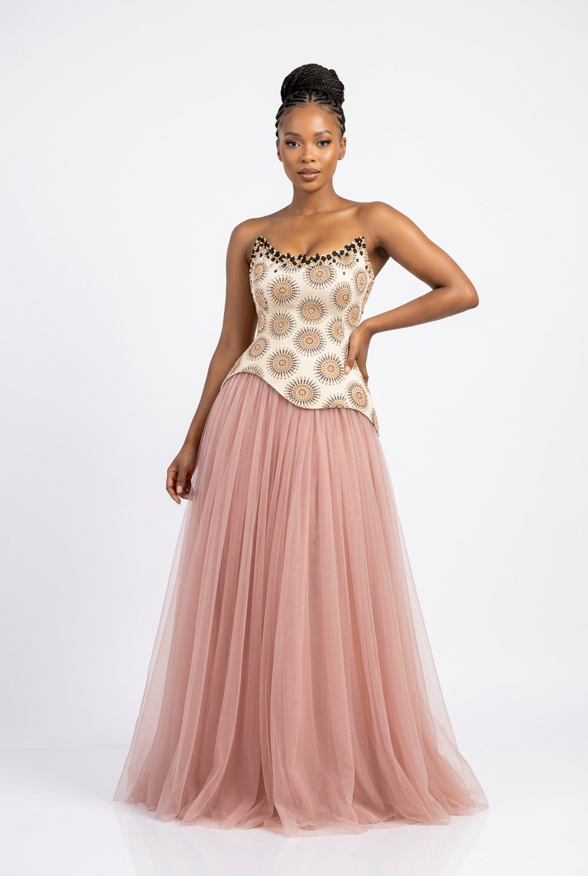 Pink Strapless Corset-Style Maxi Dress with Beaded Neckline