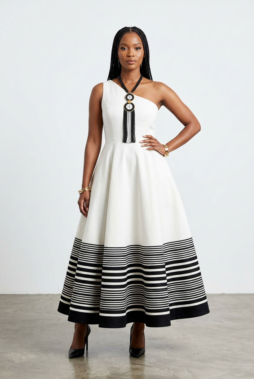 White One-Shoulder Xhosa Umbhaco Dress with A-Line Skirt