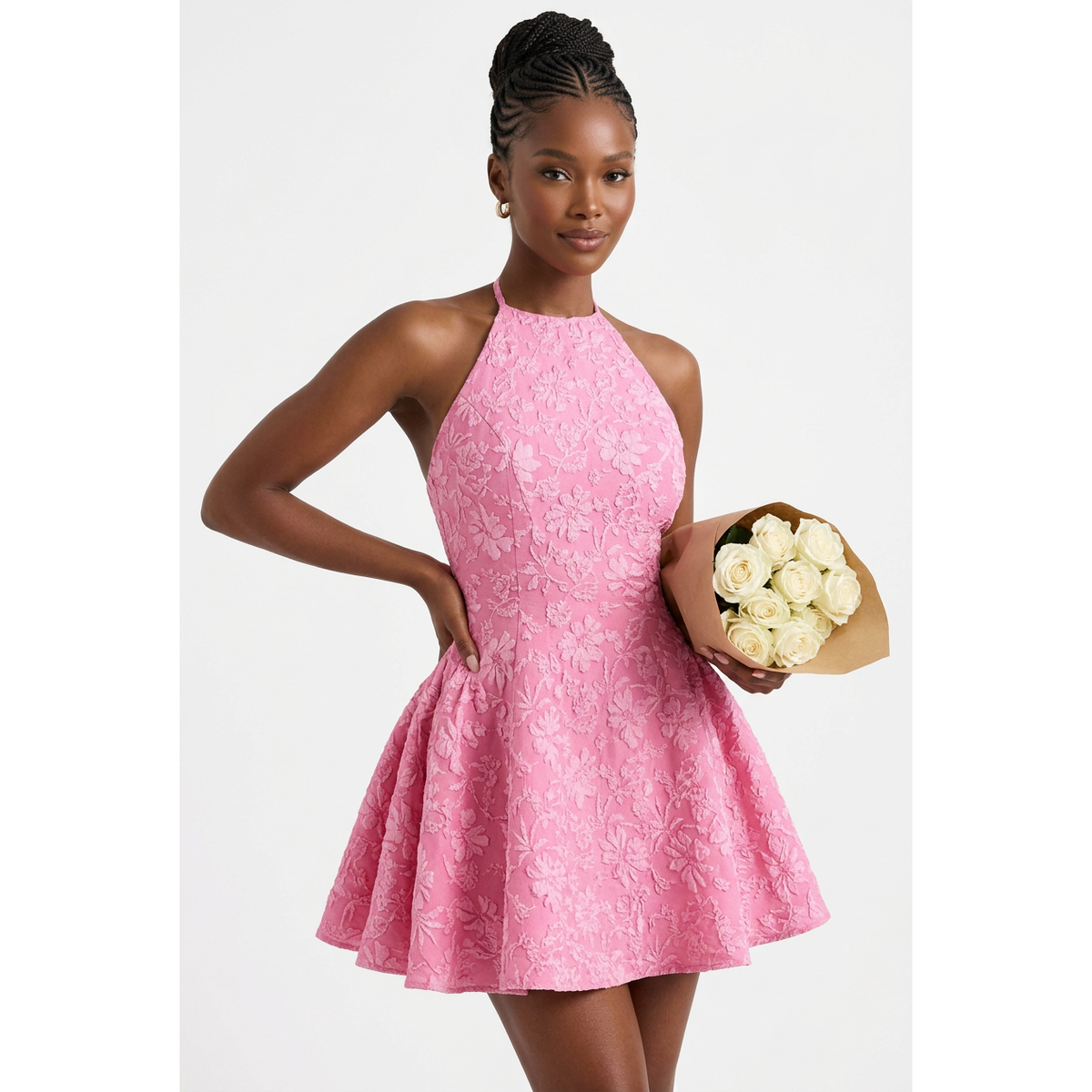 Floral Jacquard Halter A-Line Mini Dress