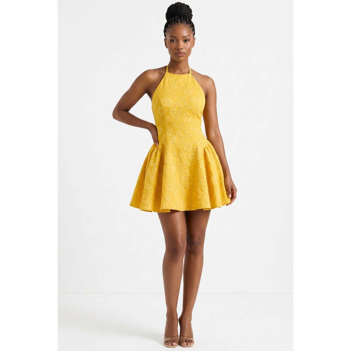 Floral Jacquard Halter A-Line Mini Dress