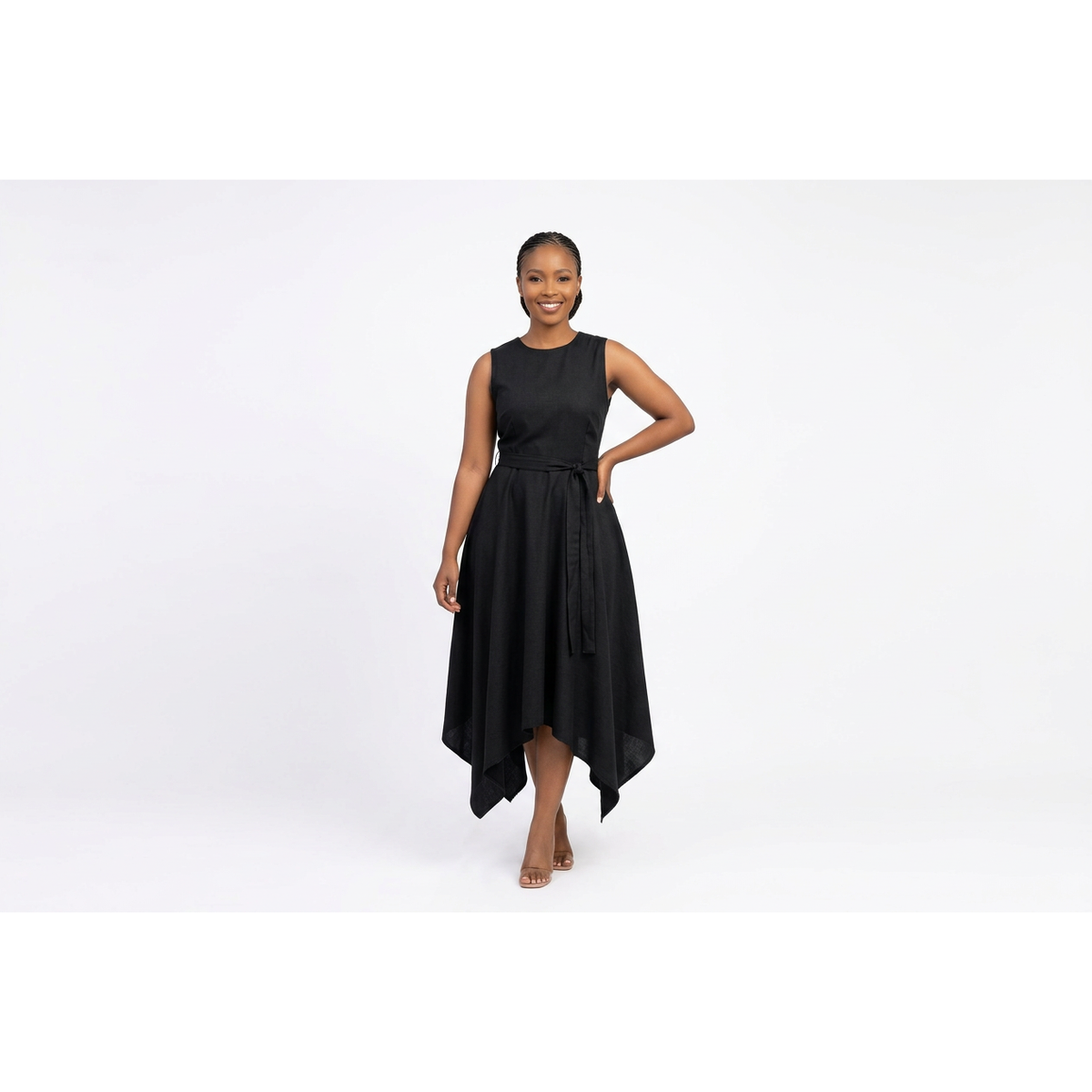 Sleeveless Tie-Waist Handkerchief Hem Midi Dress