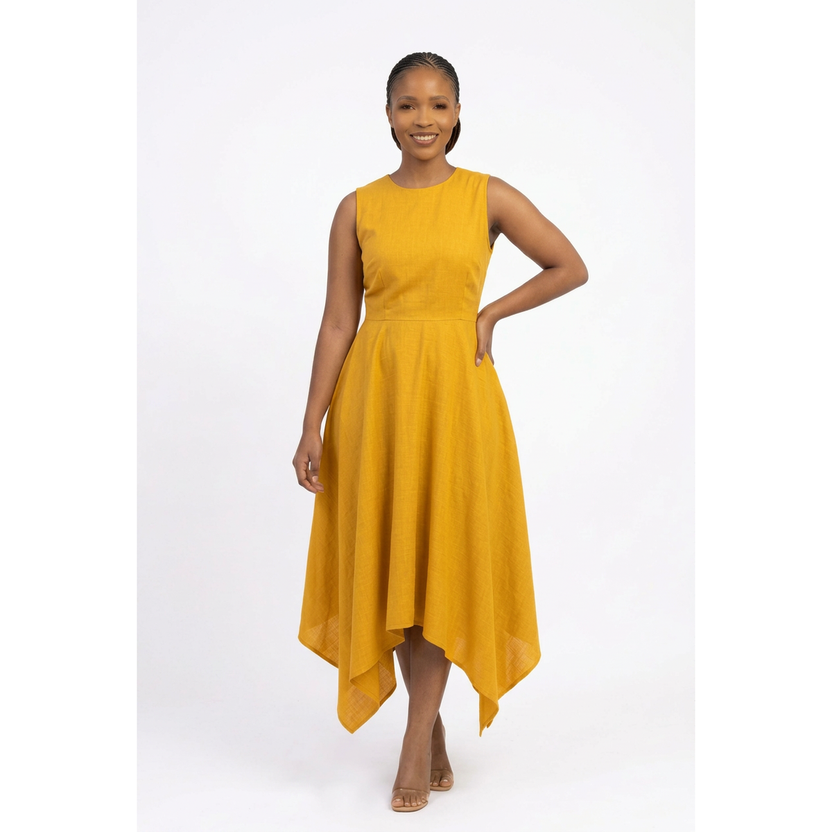 Sleeveless Tie-Waist Handkerchief Hem Midi Dress