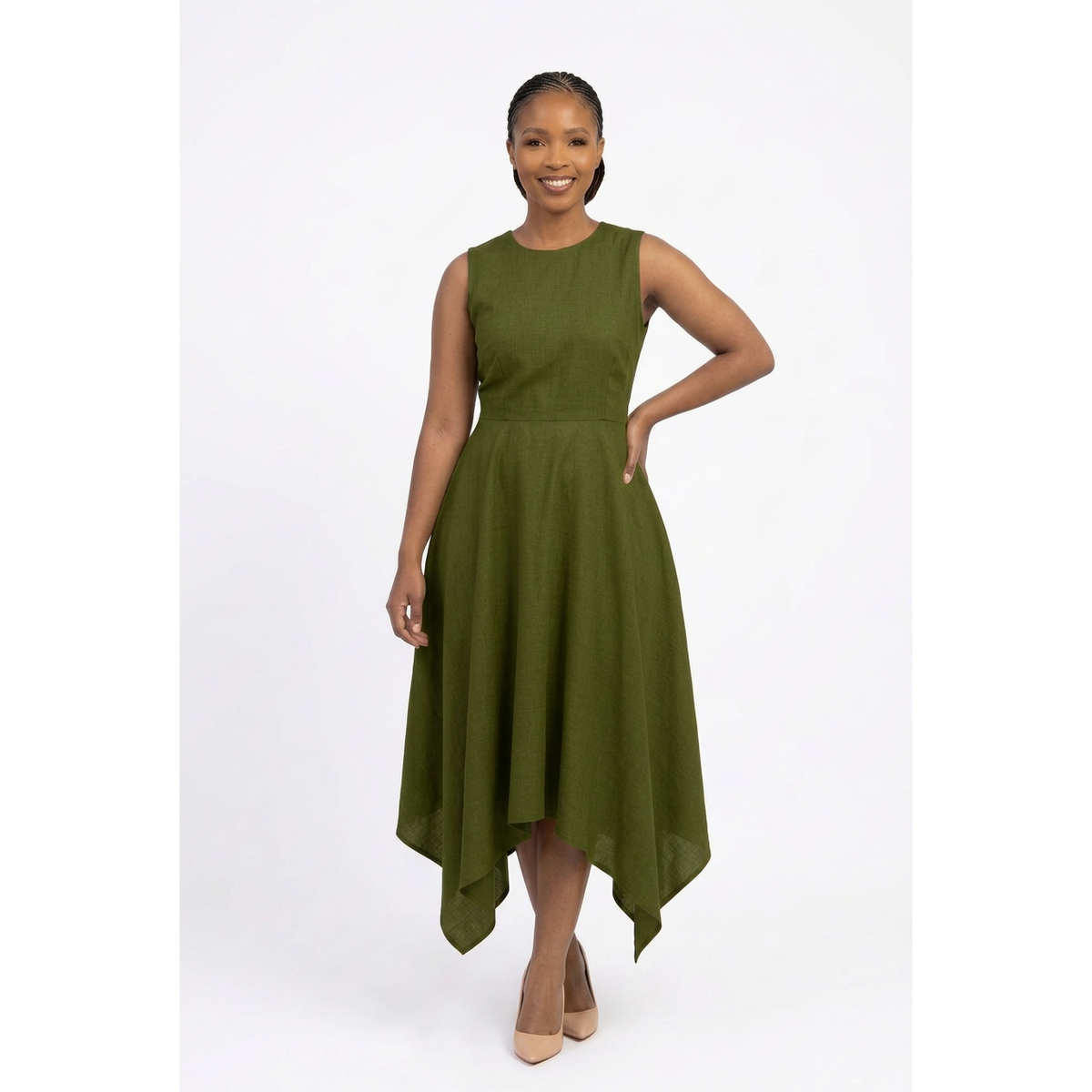 Sleeveless Tie-Waist Handkerchief Hem Midi Dress