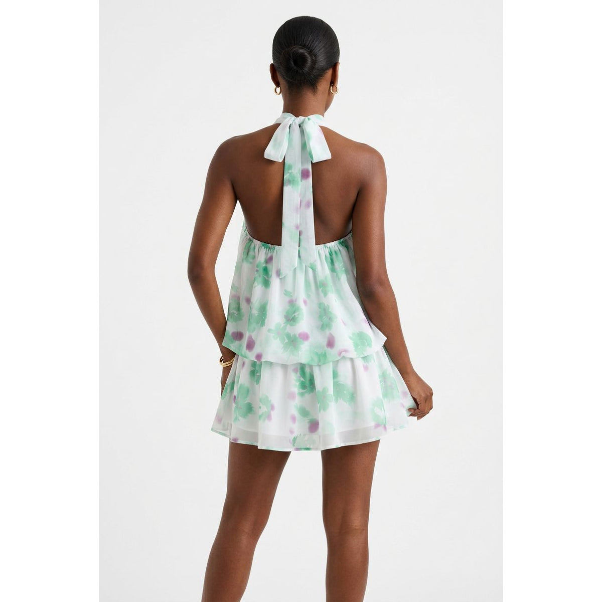 Floral Halter-Neck Tiered Chiffon Mini Dress