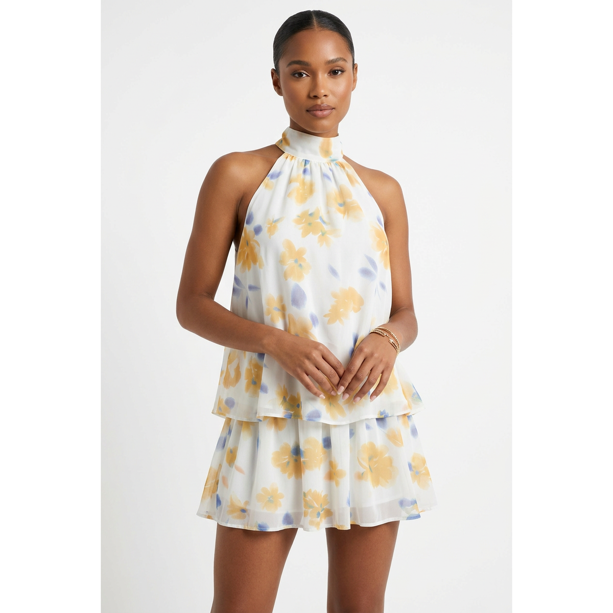 Floral Halter-Neck Tiered Chiffon Mini Dress