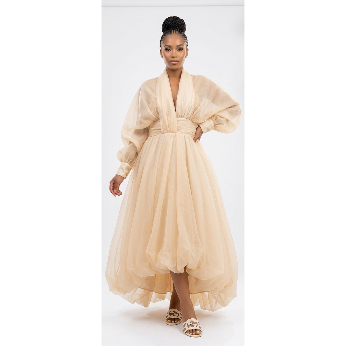 V-Neck Balloon Sleeve High-Low Bubble Hem Dress
