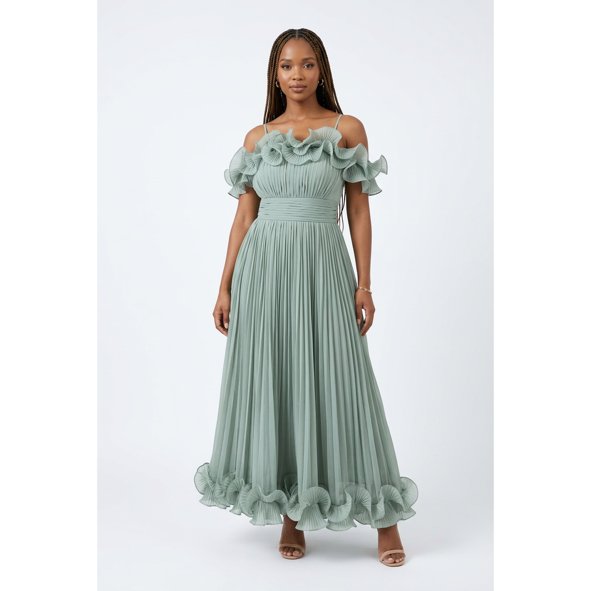 Women's Cold-Shoulder Pleated Maxi Dress with Ruffle Trim