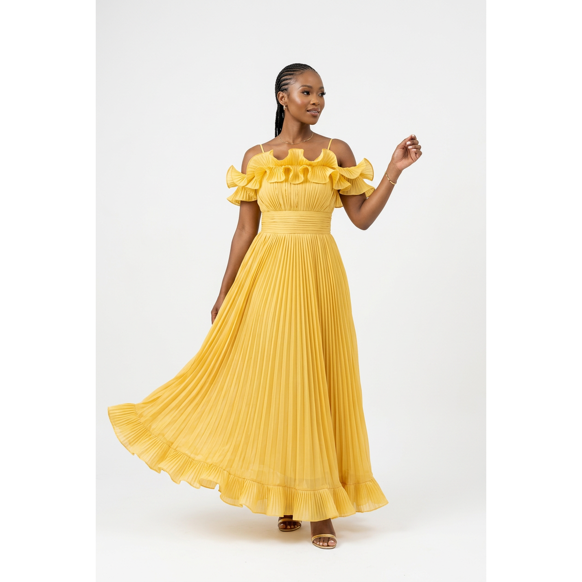 Women's Cold-Shoulder Pleated Maxi Dress with Ruffle Trim