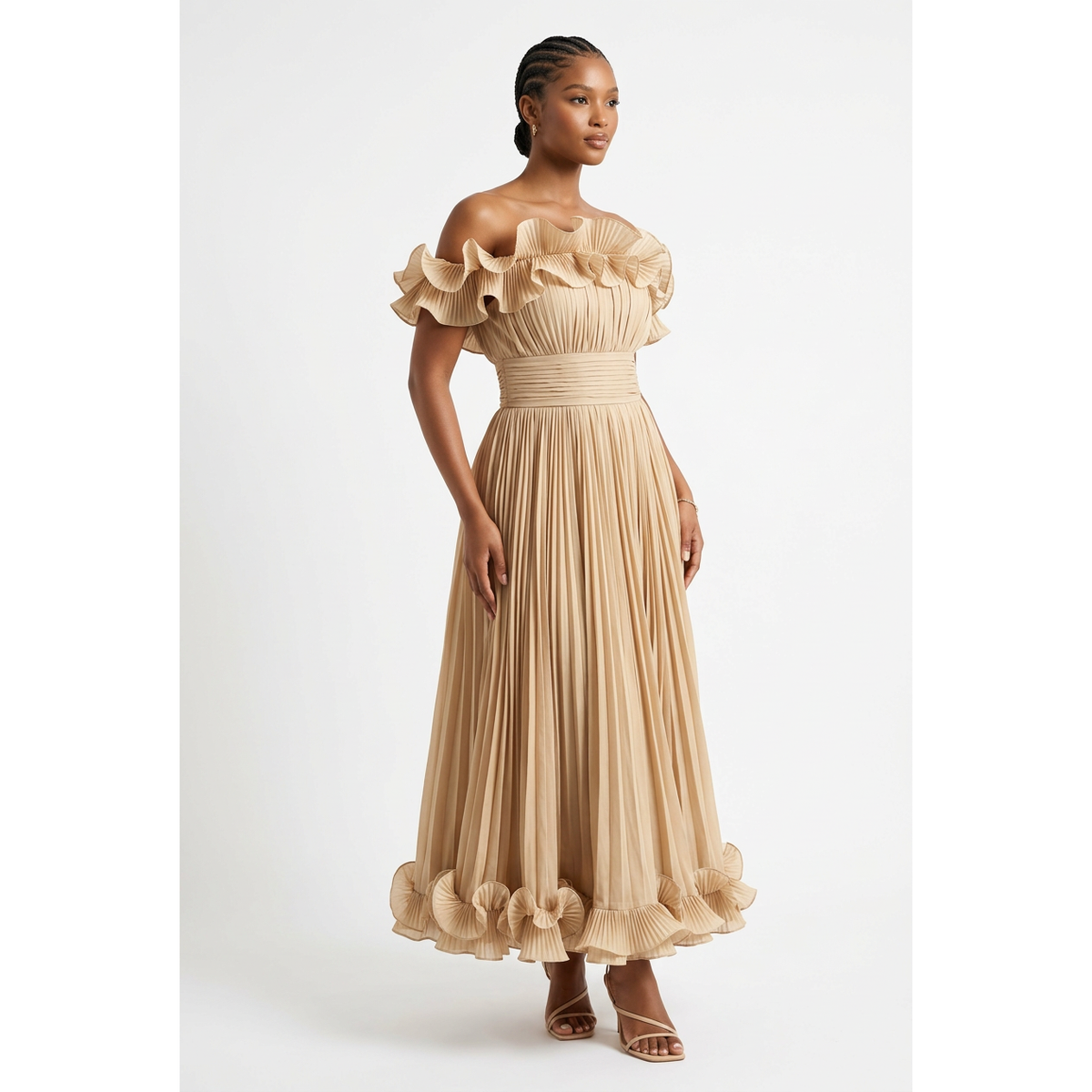 Women's Cold-Shoulder Pleated Maxi Dress with Ruffle Trim