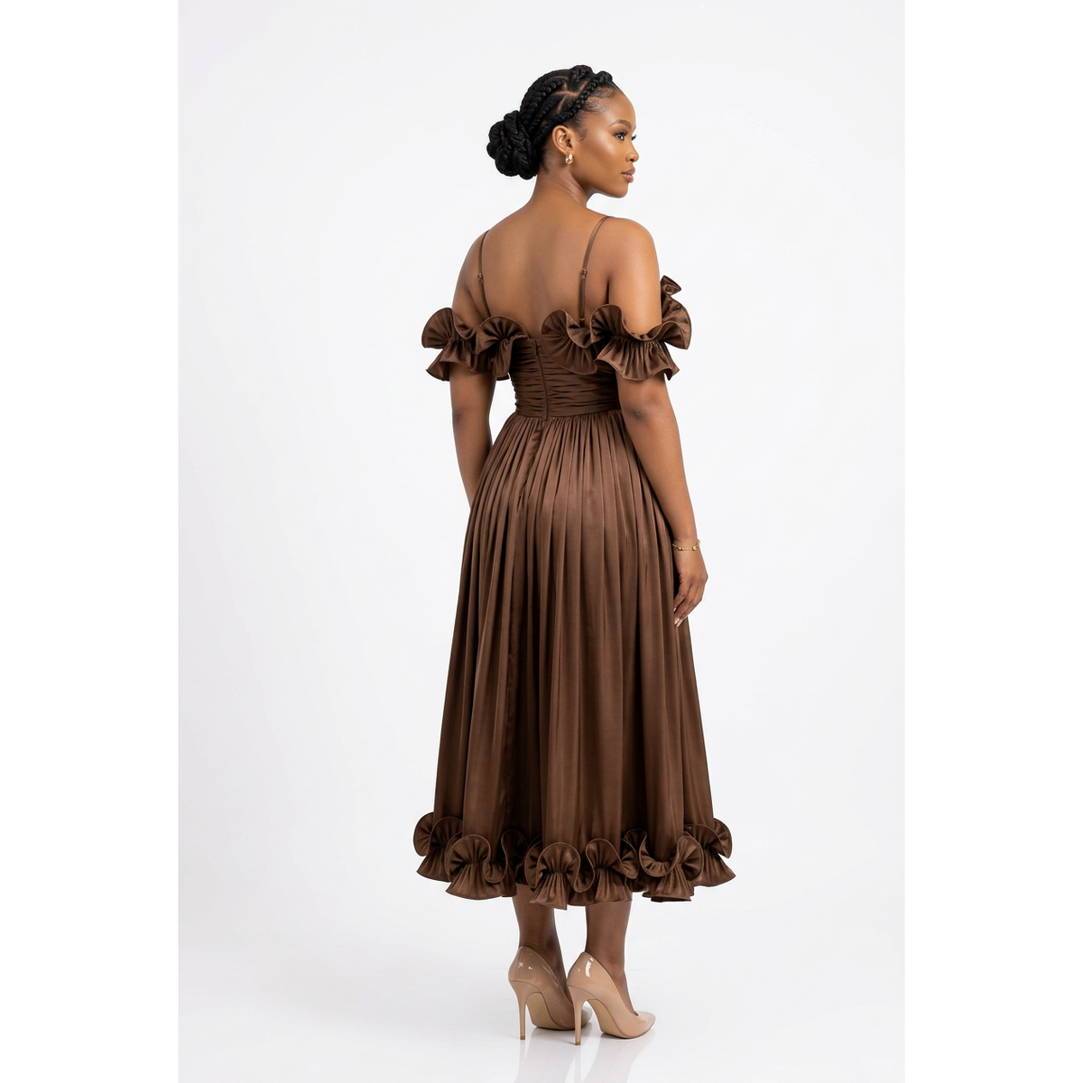 Women's Cold-Shoulder Pleated Maxi Dress with Ruffle Trim