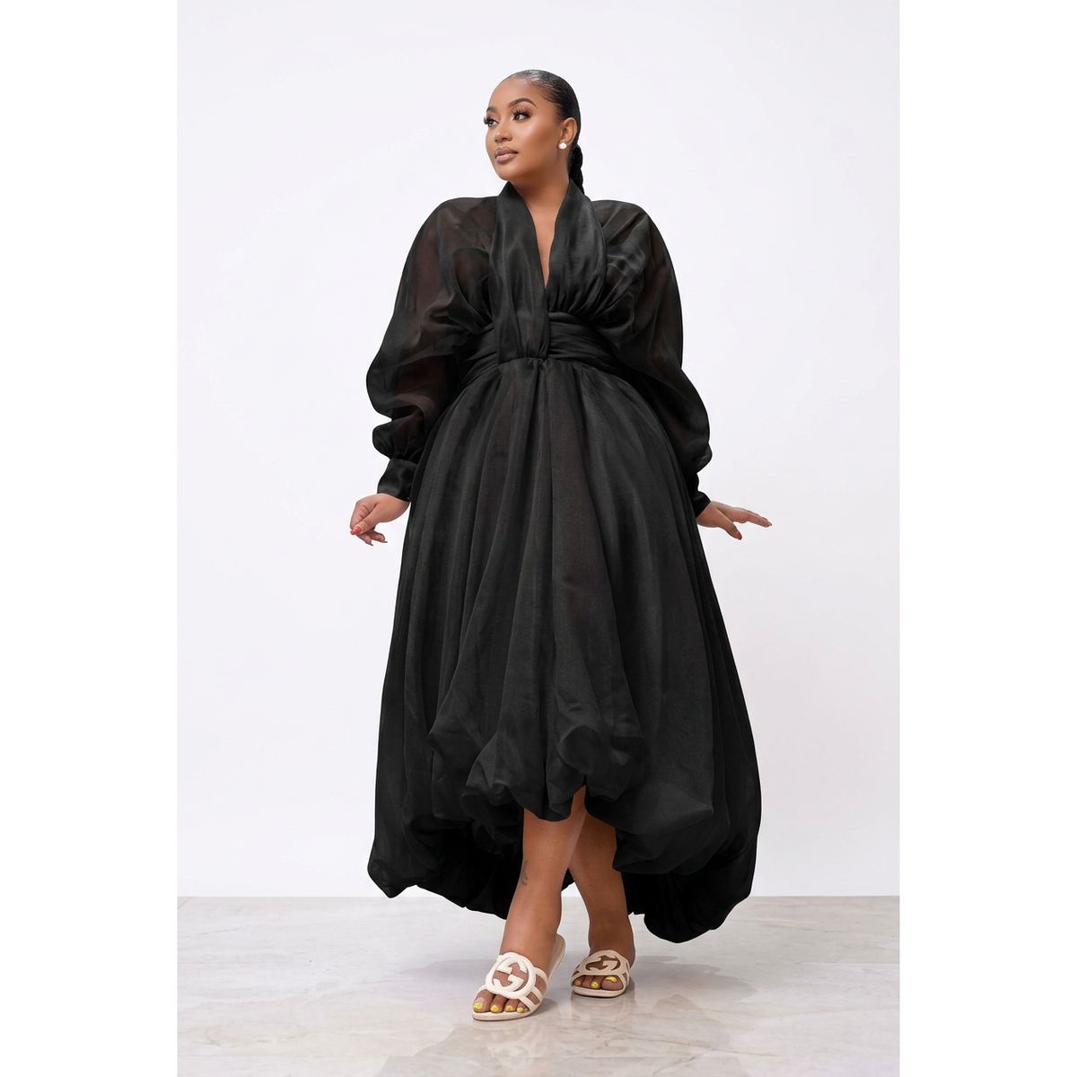 V-Neck Balloon Sleeve High-Low Bubble Hem Dress