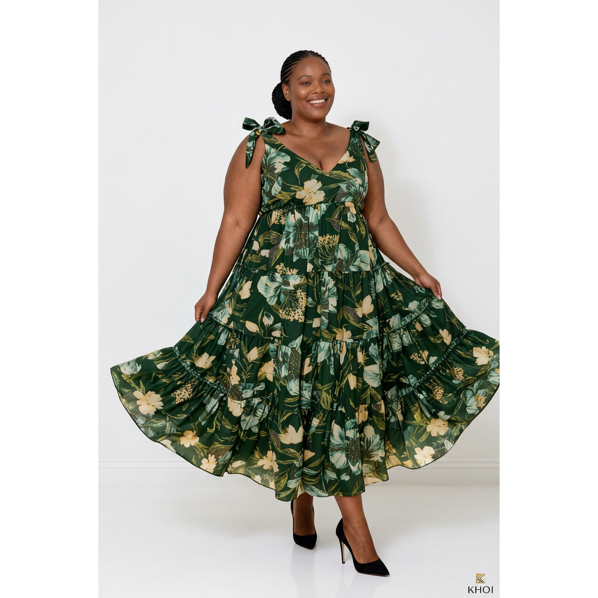 Floral V-Neck Tiered Maxi Dress with Tie Straps