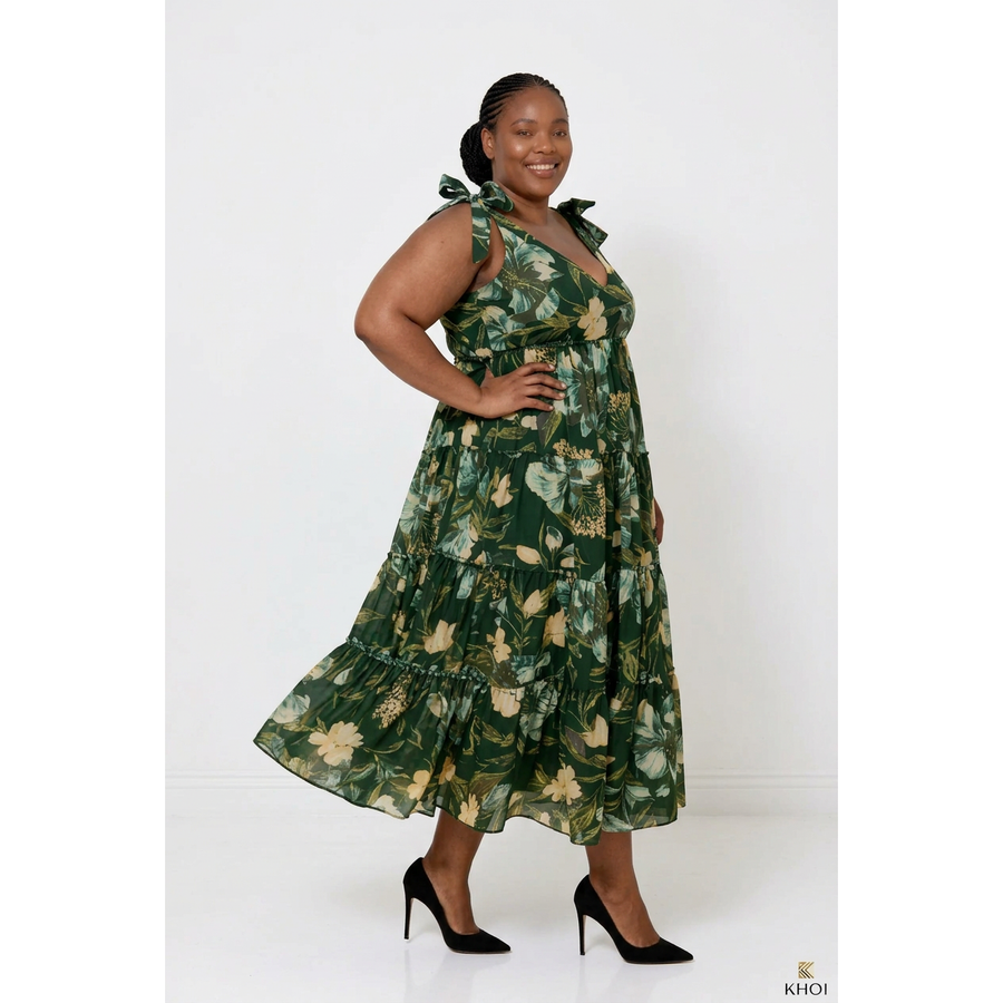 Floral V-Neck Tiered Maxi Dress with Tie Straps