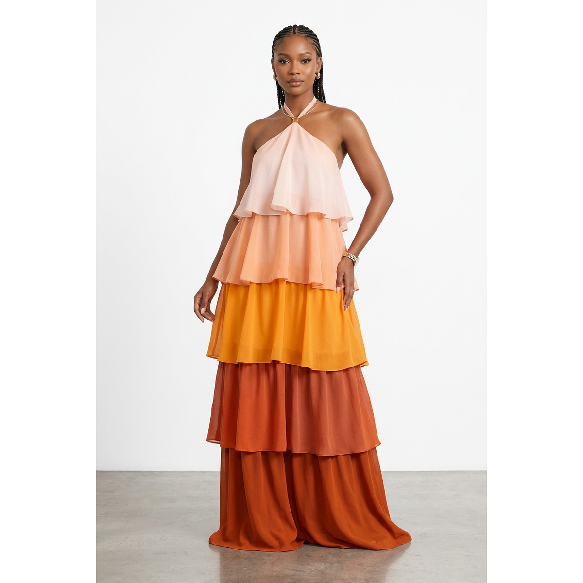 Colour Block Halter Neck Tiered Maxi Dress