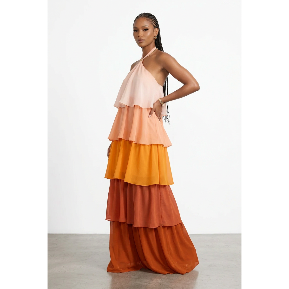 Colour Block Halter Neck Tiered Maxi Dress