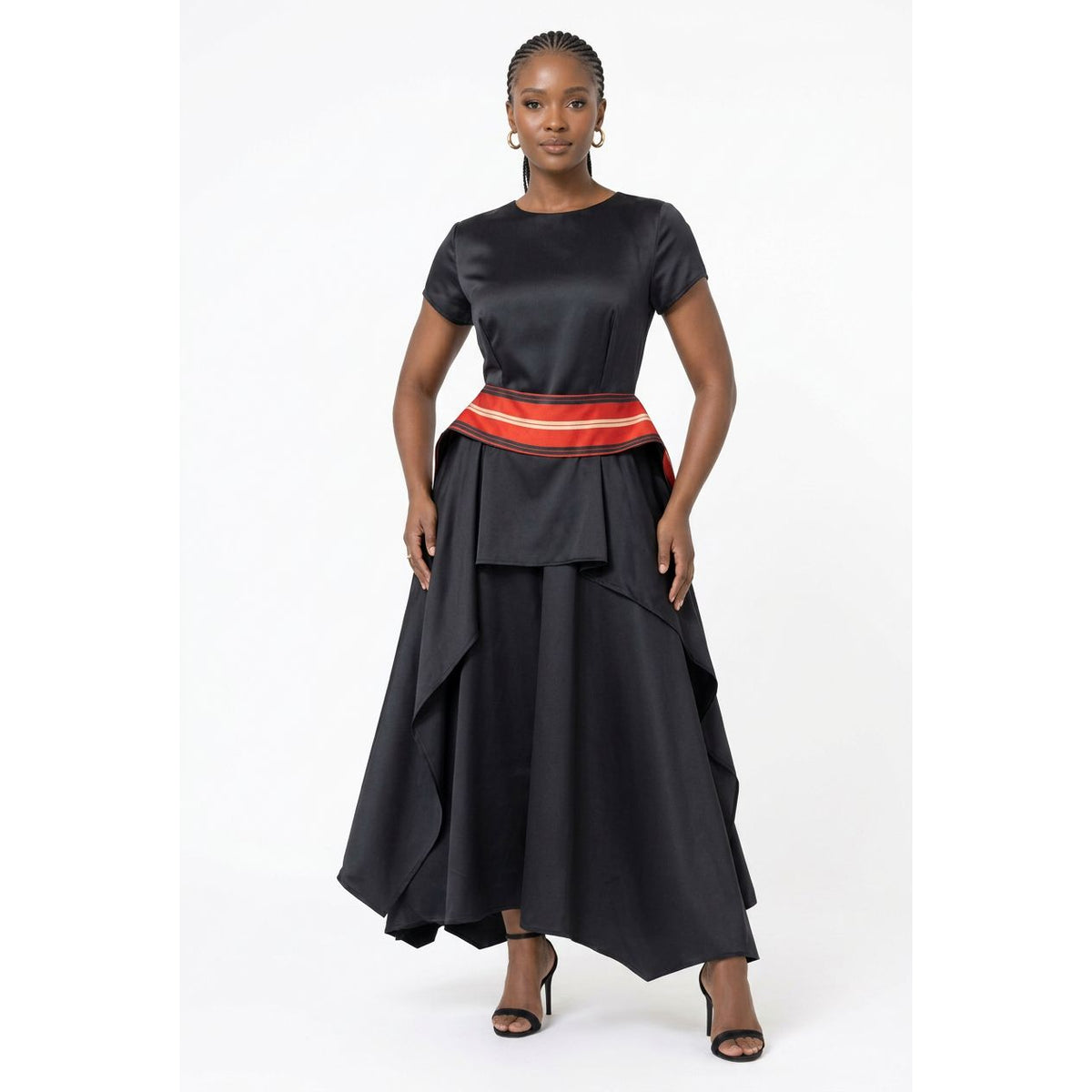 Layered Maxi Dress with Short Sleeves & Contrast Waistband