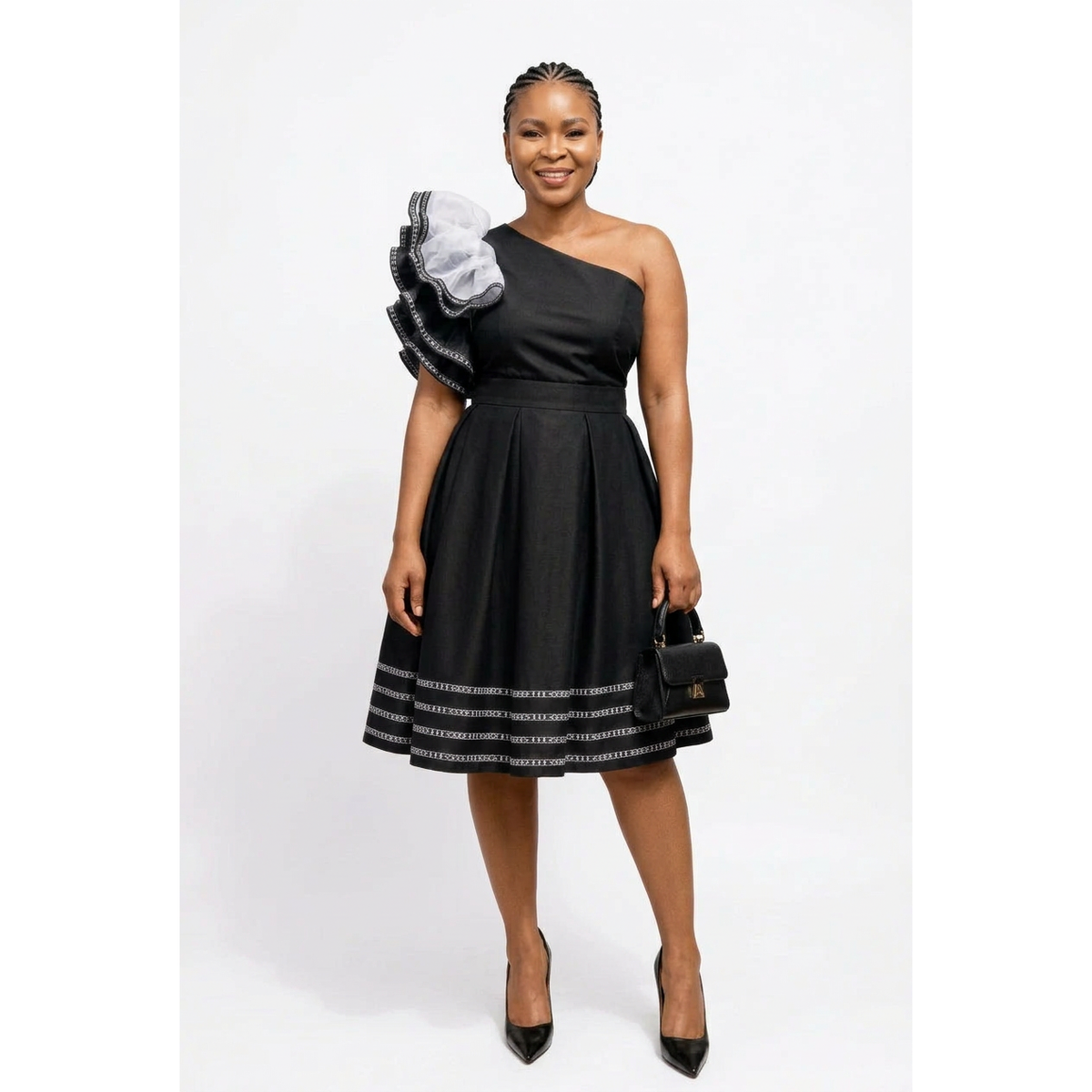 One-Shoulder Ruffle Fit-and-Flare Dress with Contrast Trim