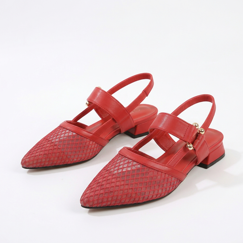 Pointed-Toe Mesh Slingback Shoes with Low Block Heel
