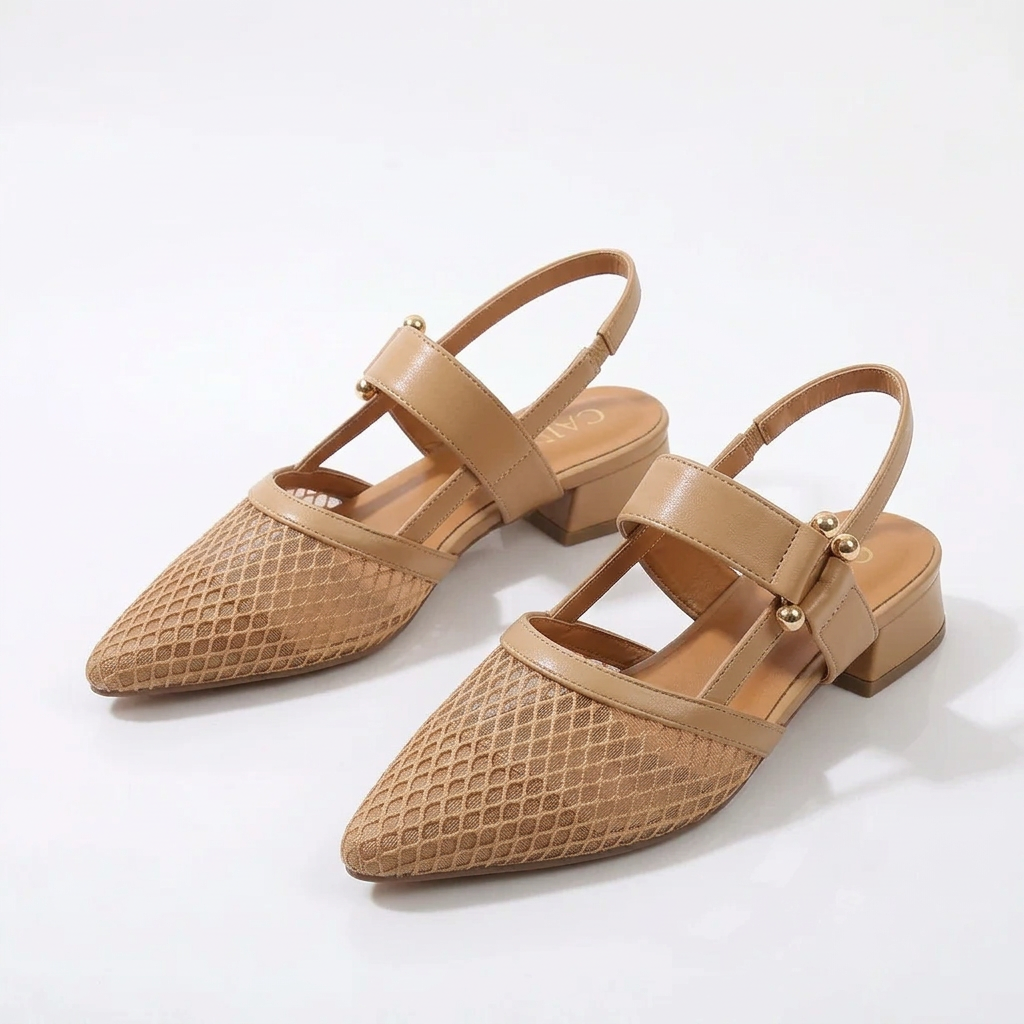 Pointed-Toe Mesh Slingback Shoes with Low Block Heel