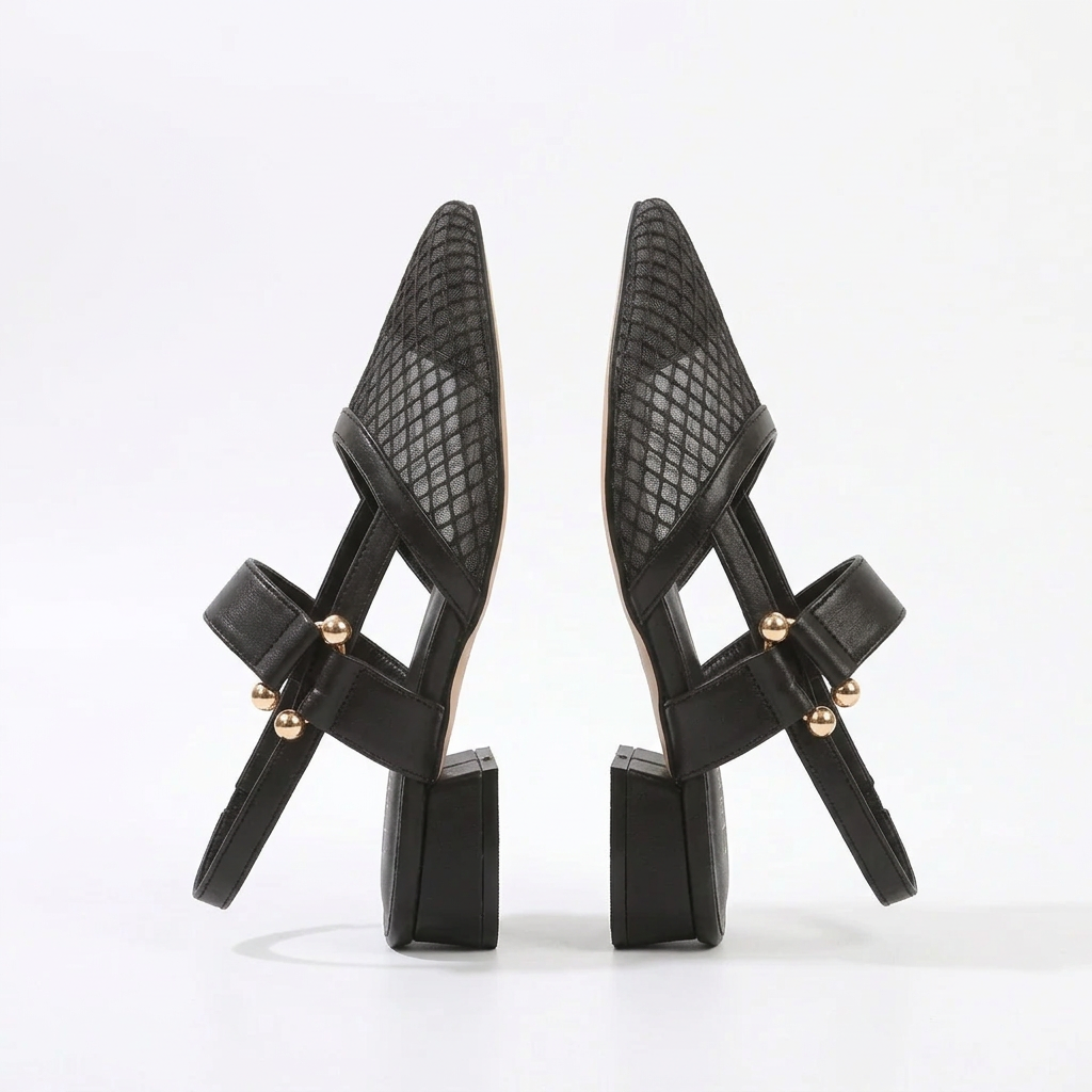 Pointed-Toe Mesh Slingback Shoes with Low Block Heel