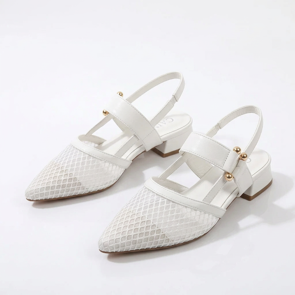 Pointed-Toe Mesh Slingback Shoes with Low Block Heel
