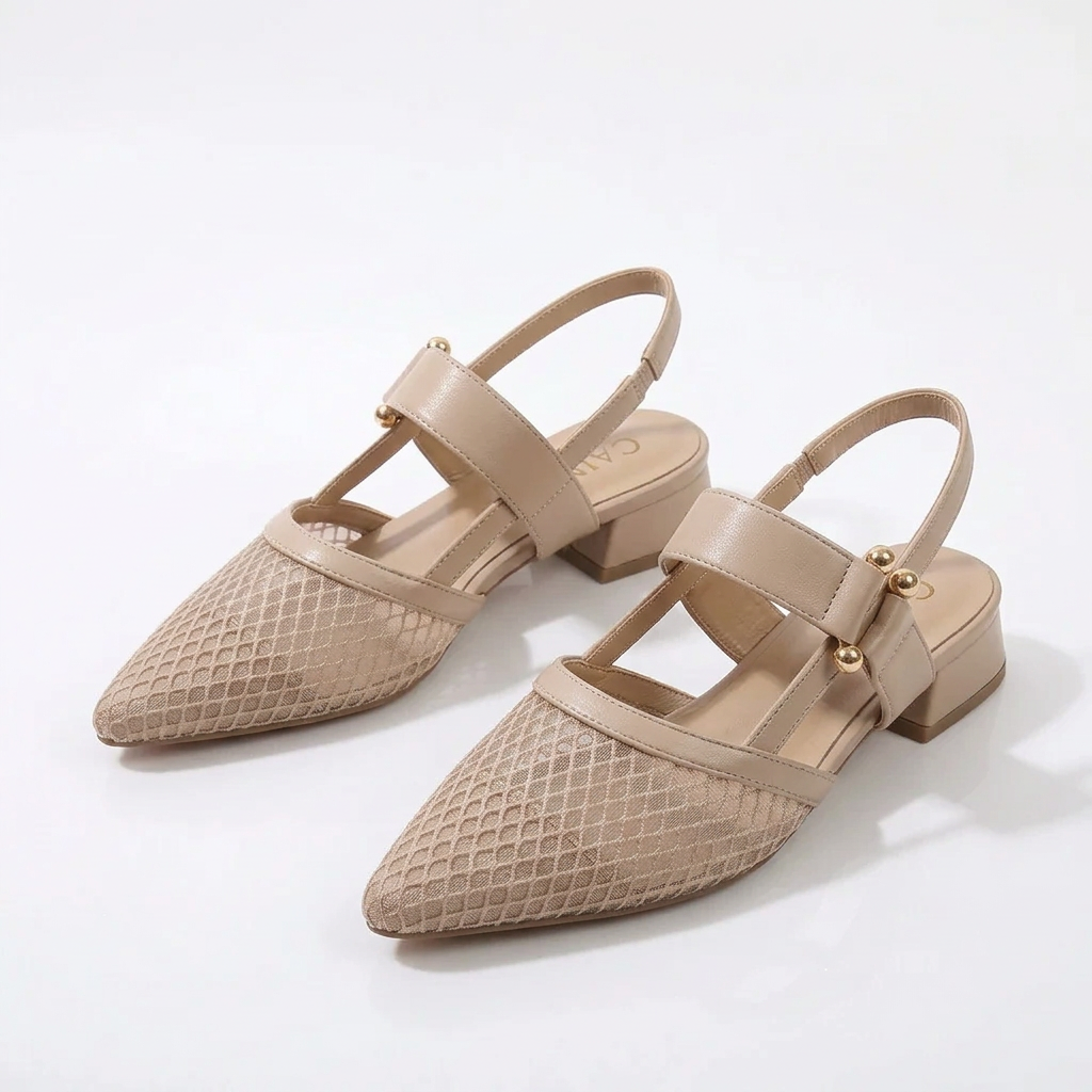 Pointed-Toe Mesh Slingback Shoes with Low Block Heel
