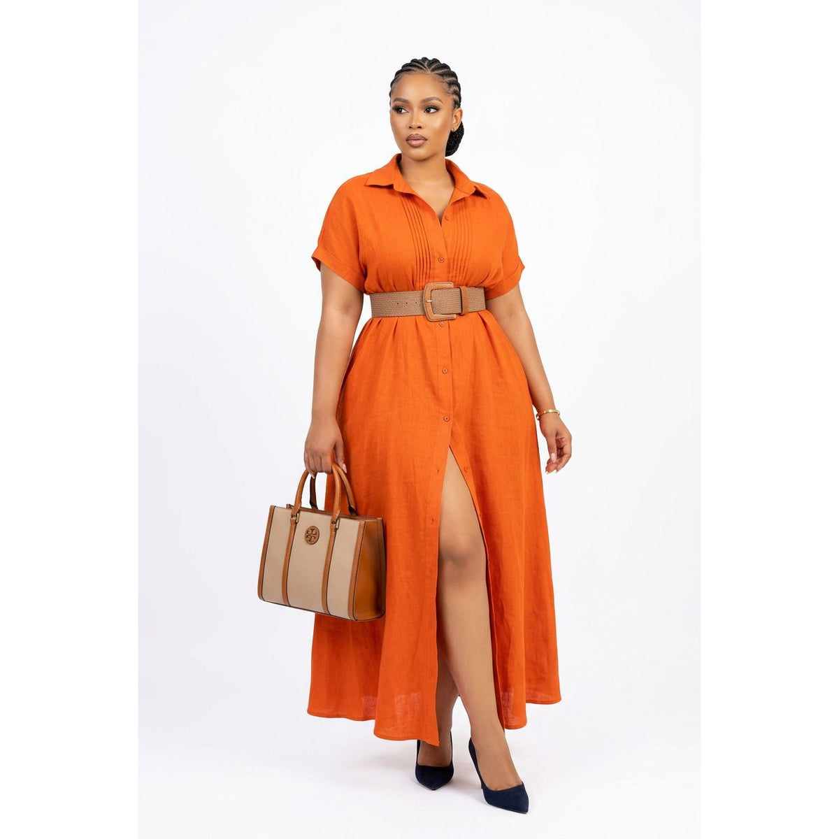 Orange Button-Front Maxi Shirt Dress with Short Sleeves
