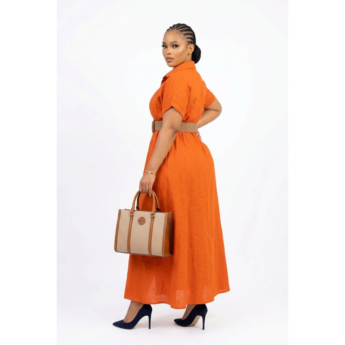 Orange Button-Front Maxi Shirt Dress with Short Sleeves