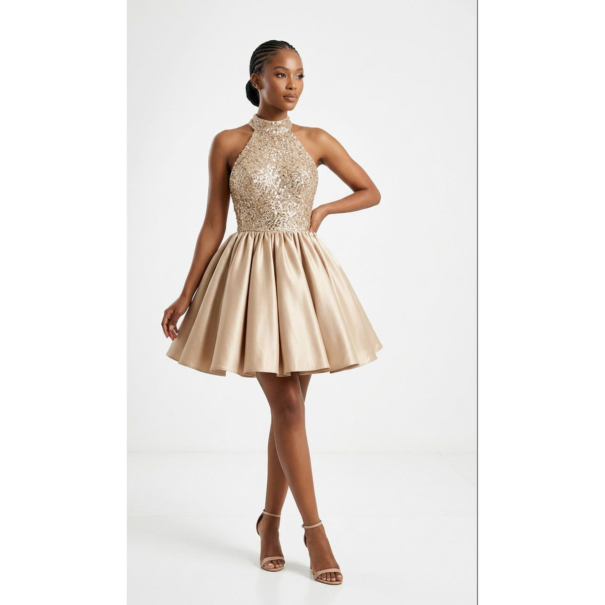 Women's Glitter Halter Fit-and-Flare Mini Dress
