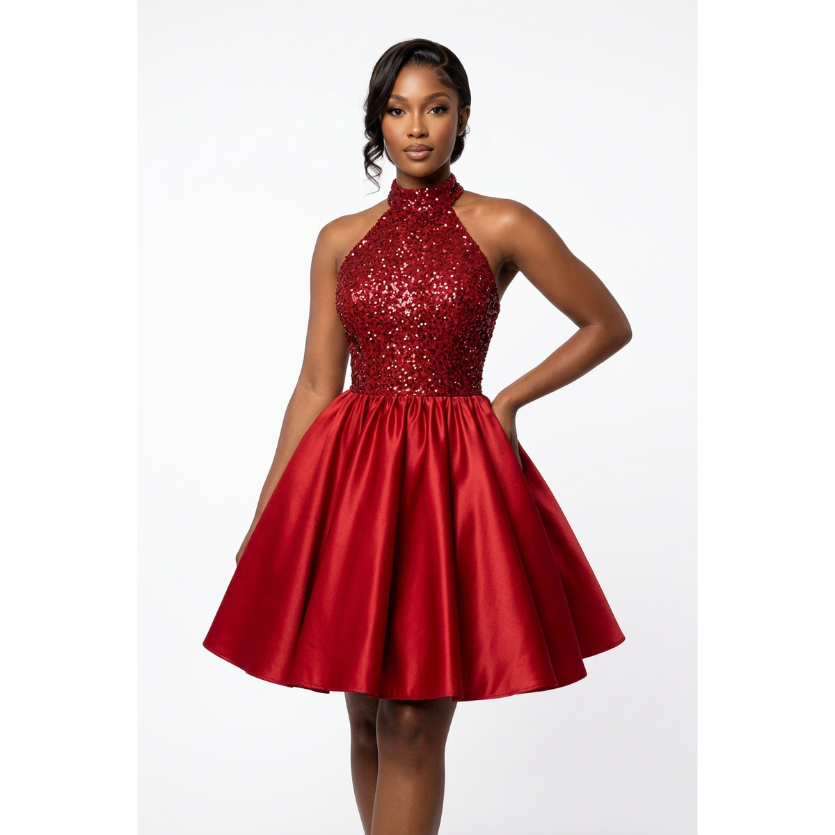 Glitter Halter Mini Dress with Fit-and-Flare Skirt