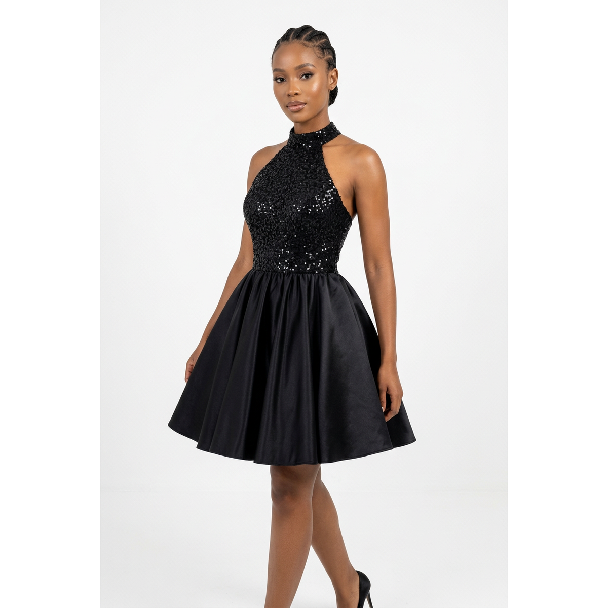 Glitter Halter Mini Dress with Fit-and-Flare Skirt