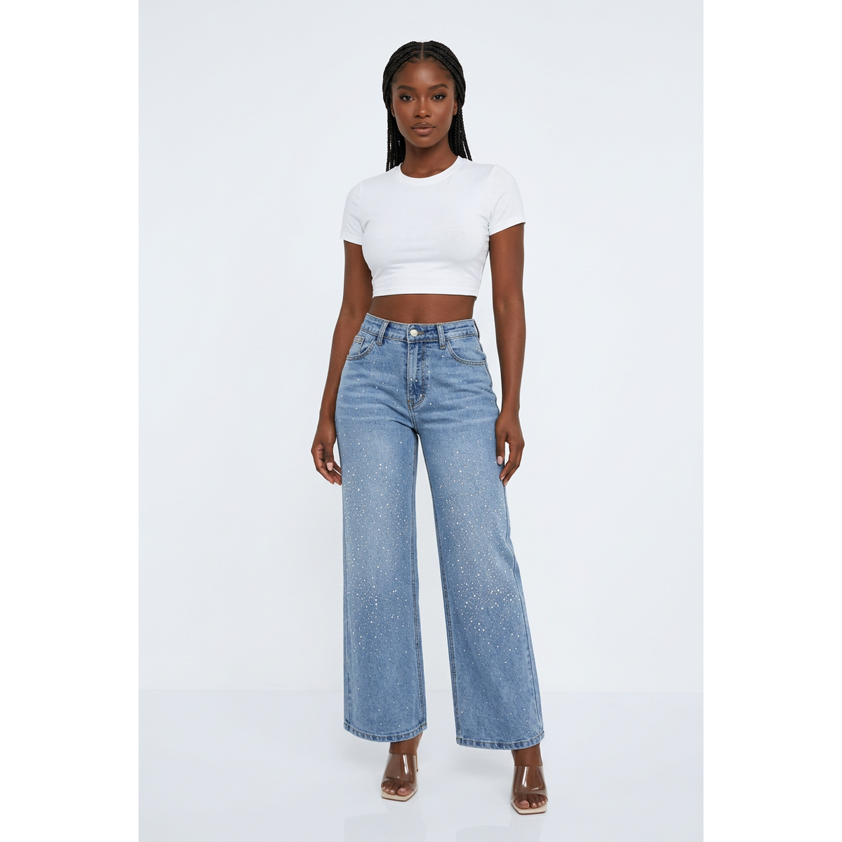 High-Waisted Rhinestone Wide-Leg Jeans