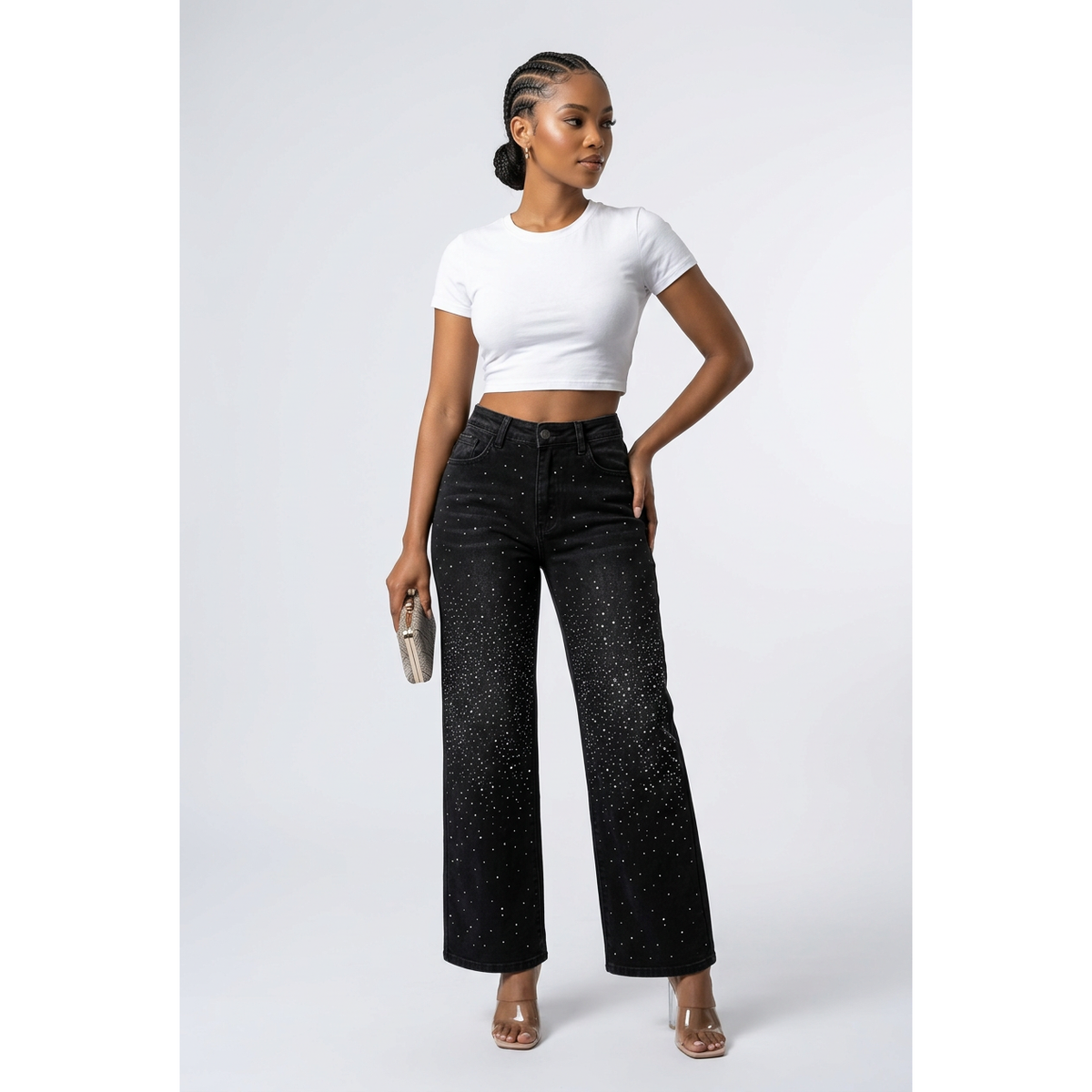 High-Waisted Rhinestone Wide-Leg Jeans