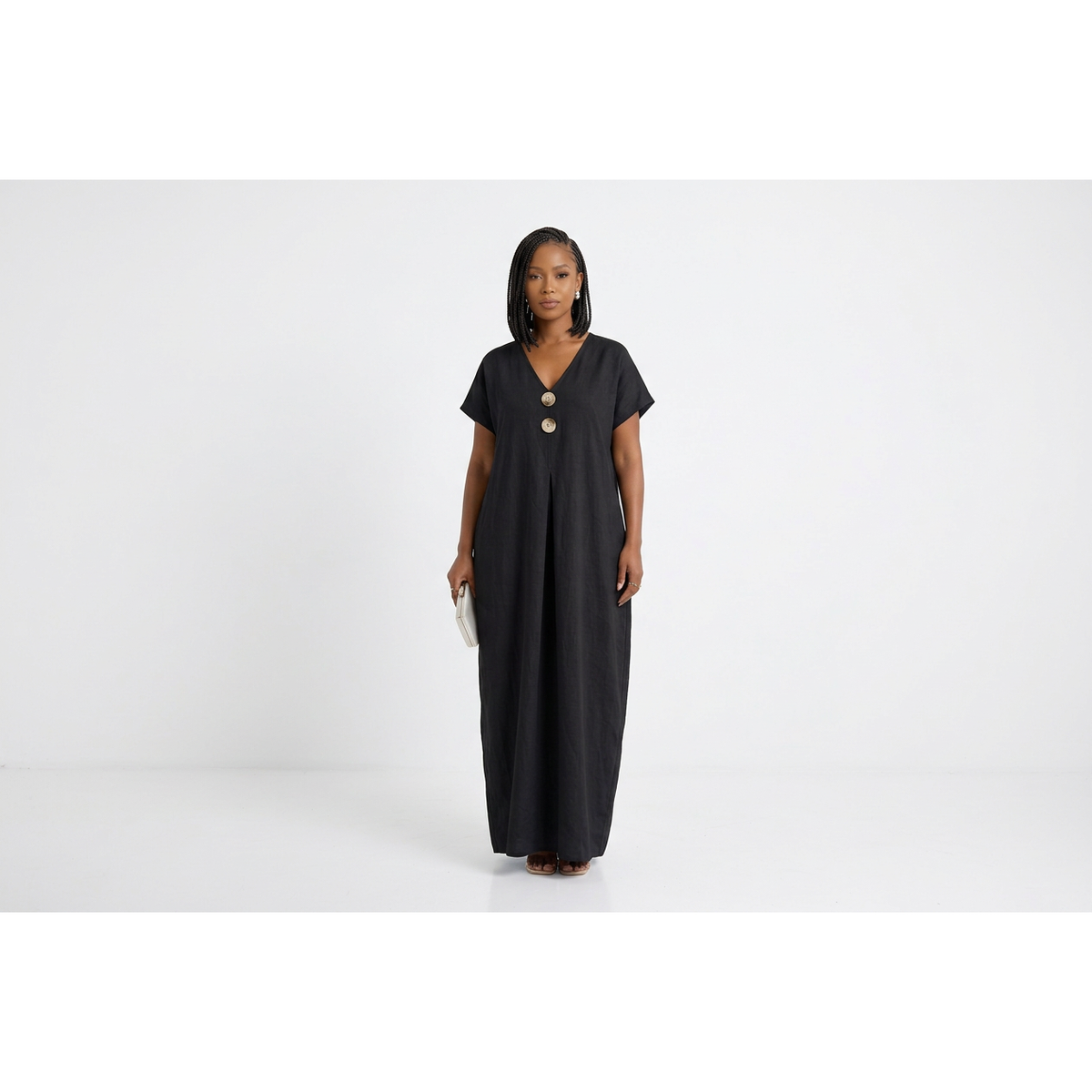V-Neck Button-Detail Relaxed Maxi Dress
