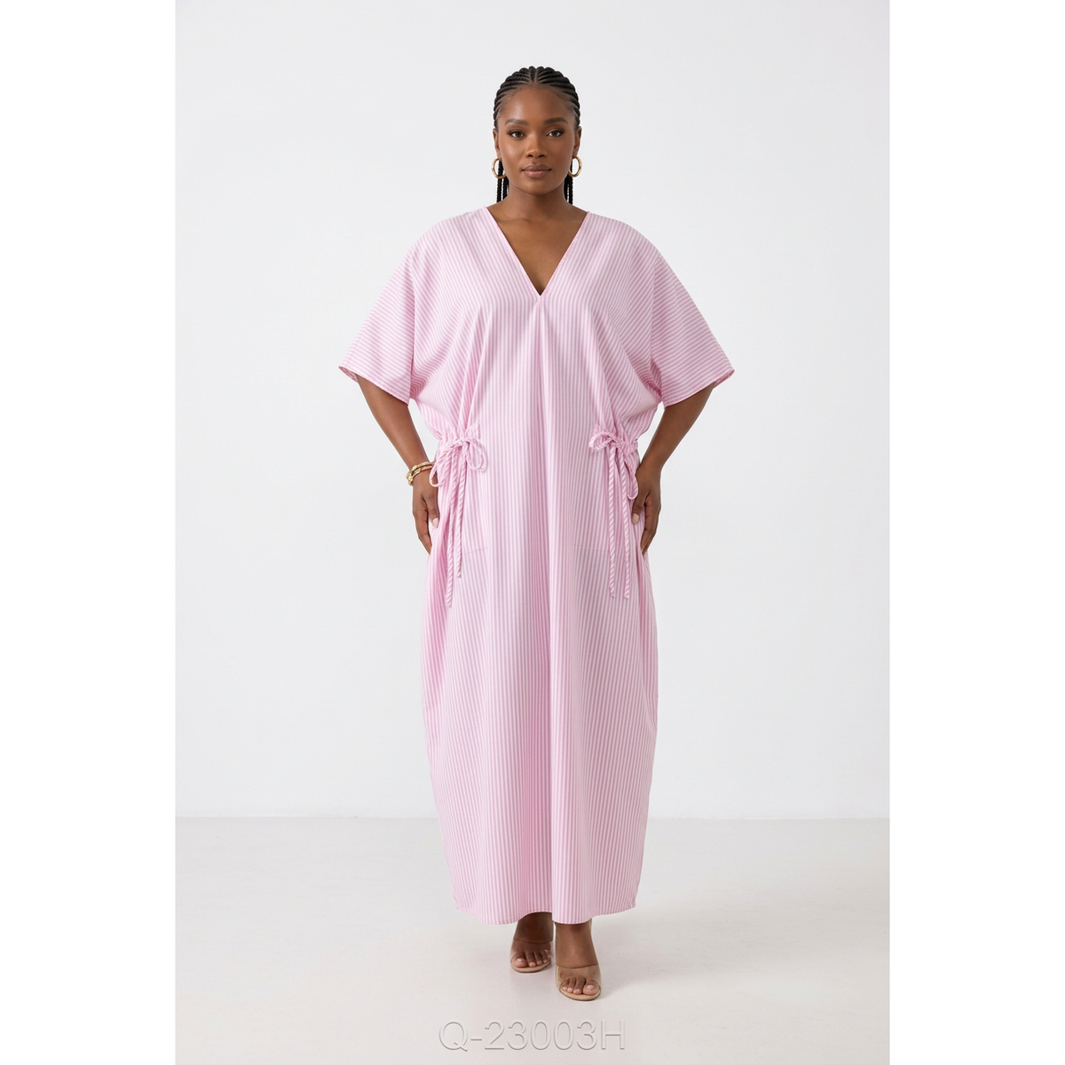 Striped V-Neck Kaftan Maxi Dress with Side Ties