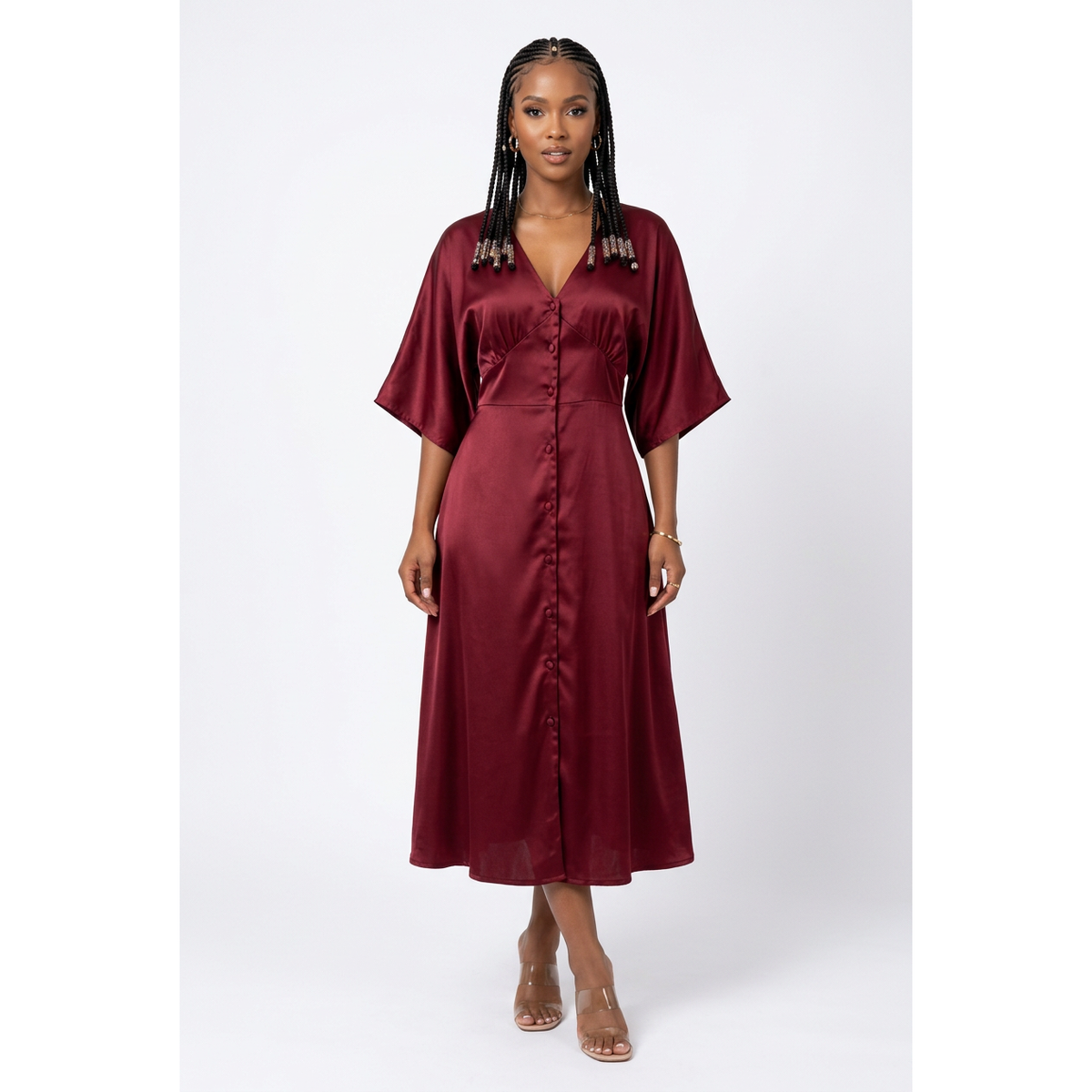 V-Neck Button-Front Midi Dress with Kimono Sleeves