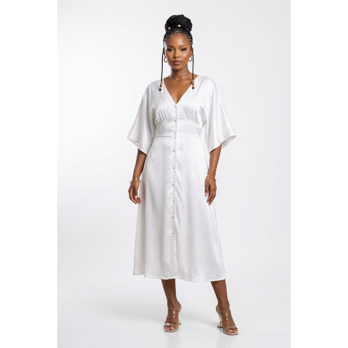 V-Neck Button-Front Midi Dress with Kimono Sleeves