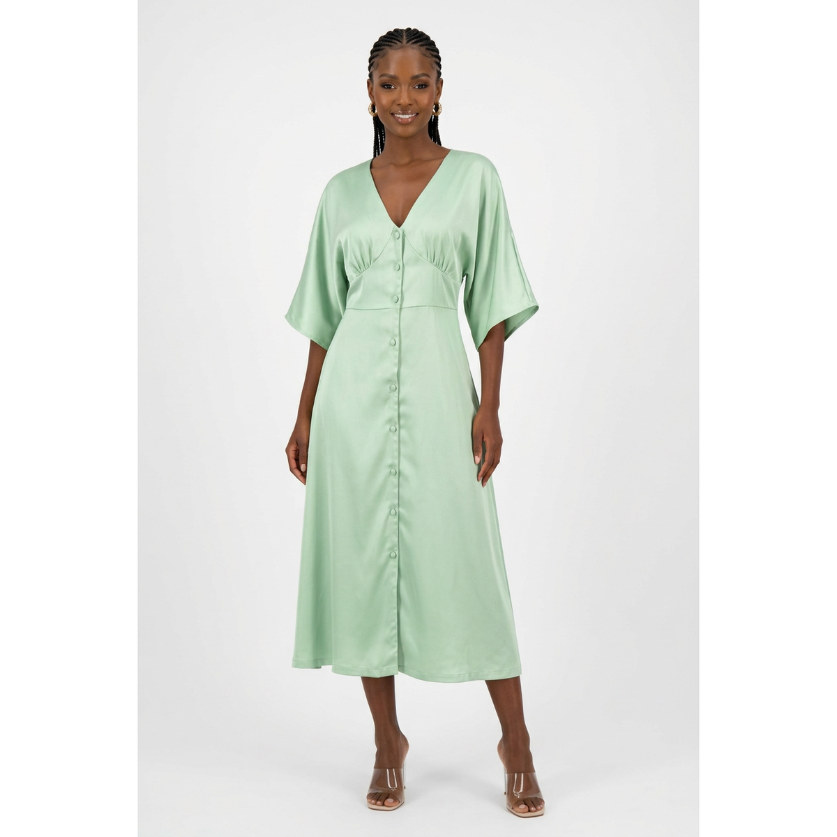 V-Neck Button-Front Midi Dress with Kimono Sleeves