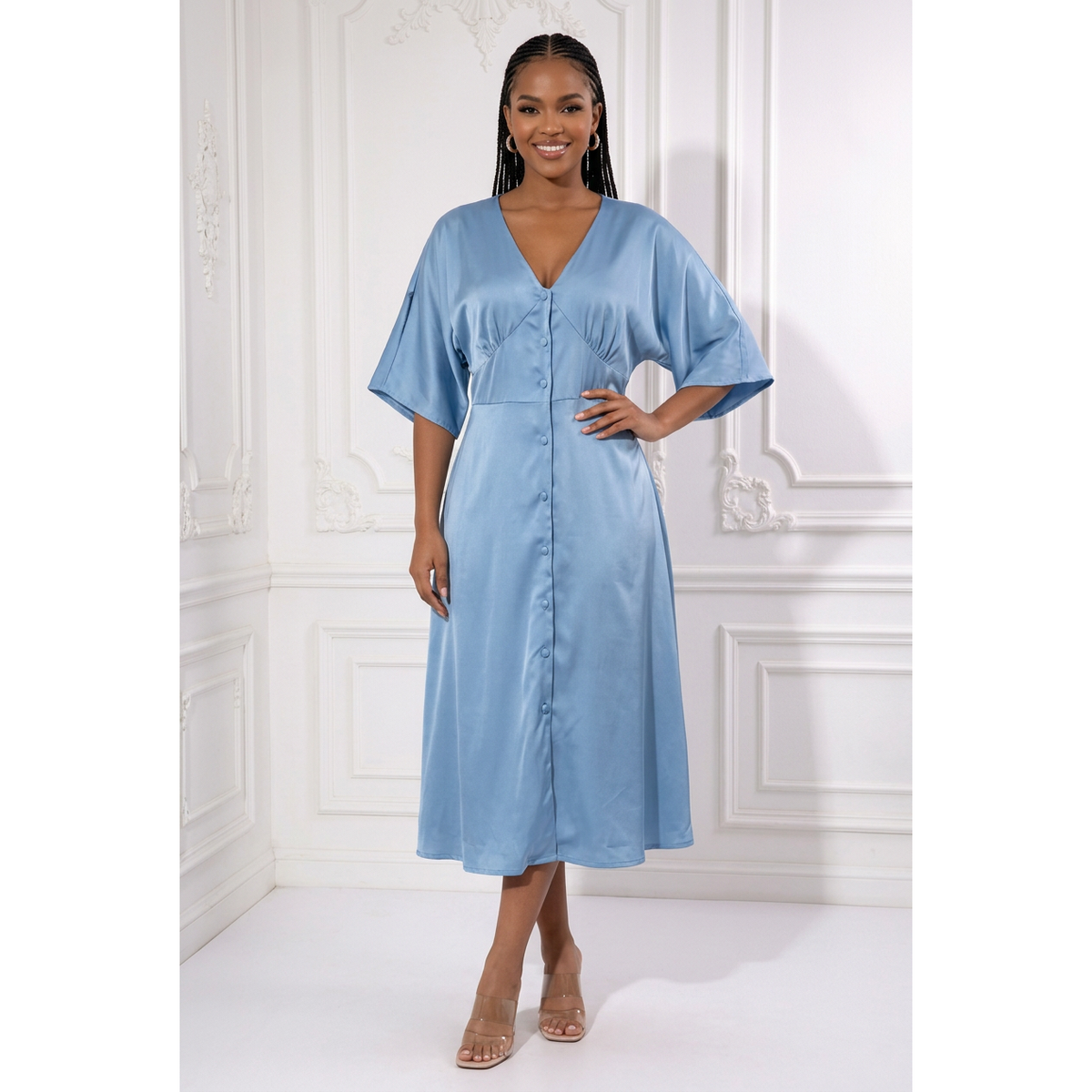V-Neck Button-Front Midi Dress with Kimono Sleeves