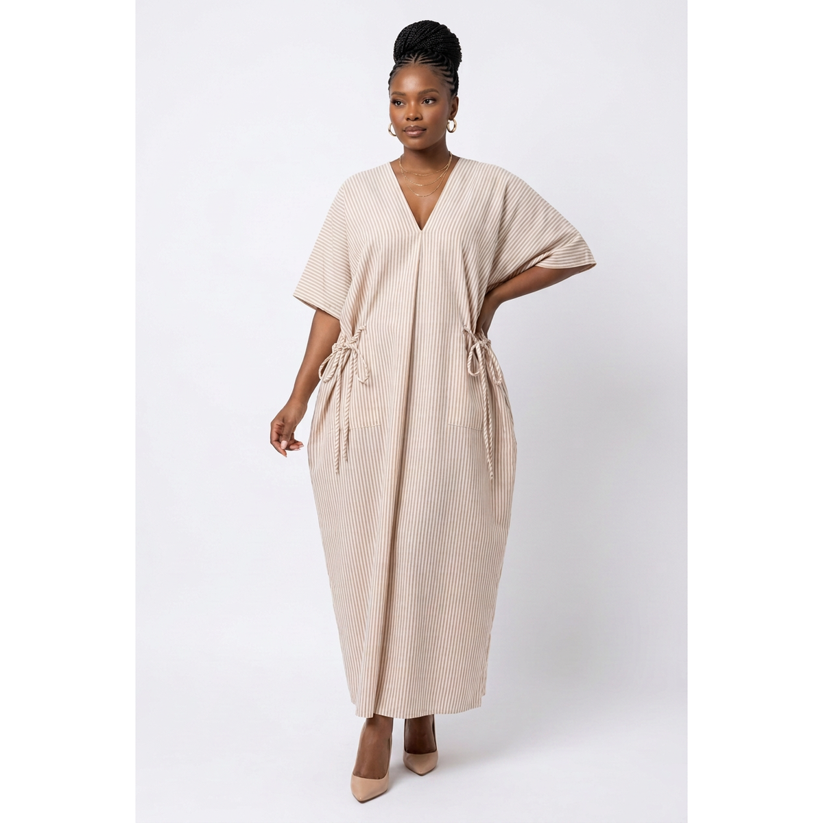 Striped V-Neck Kaftan Maxi Dress with Side Ties