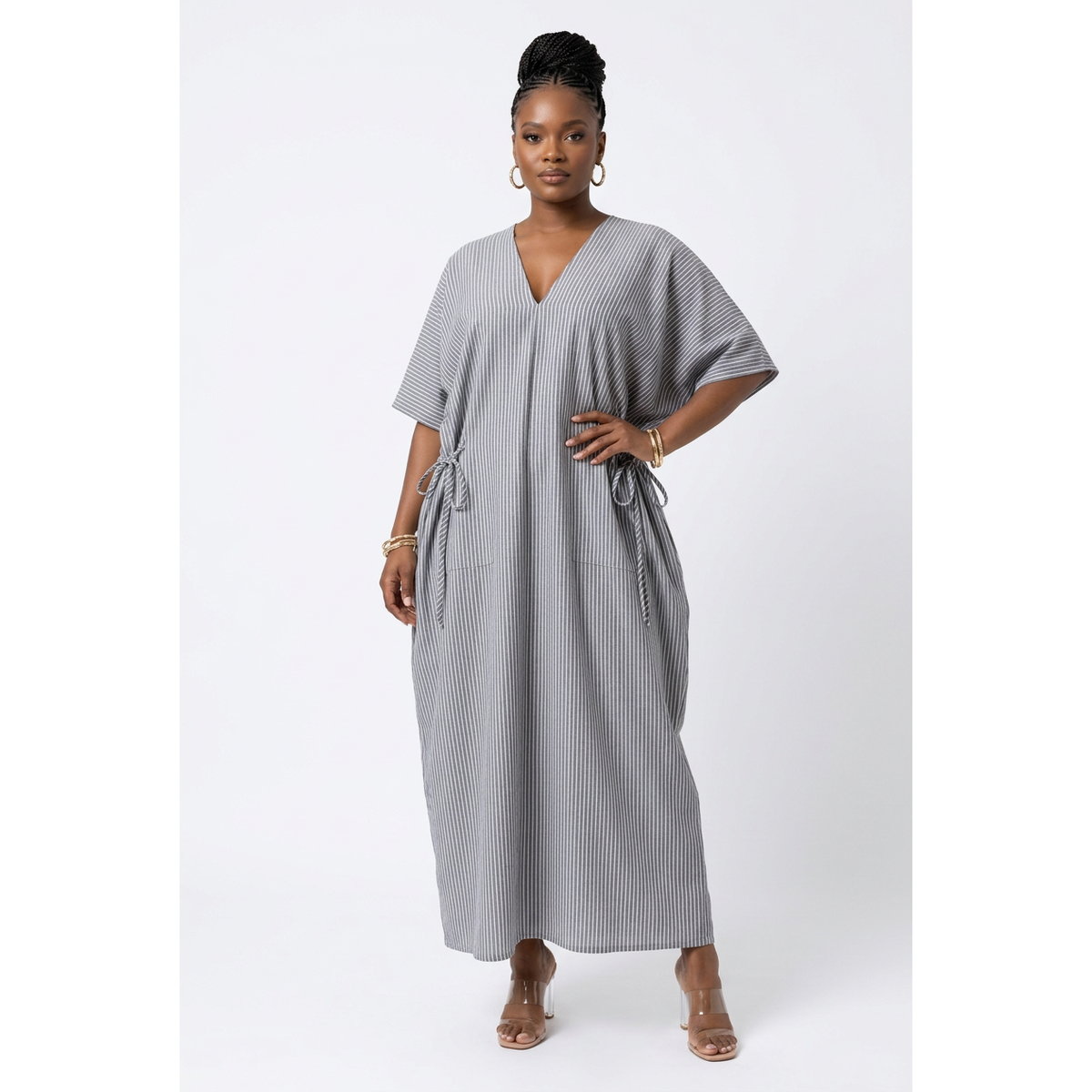 Striped V-Neck Kaftan Maxi Dress with Side Ties