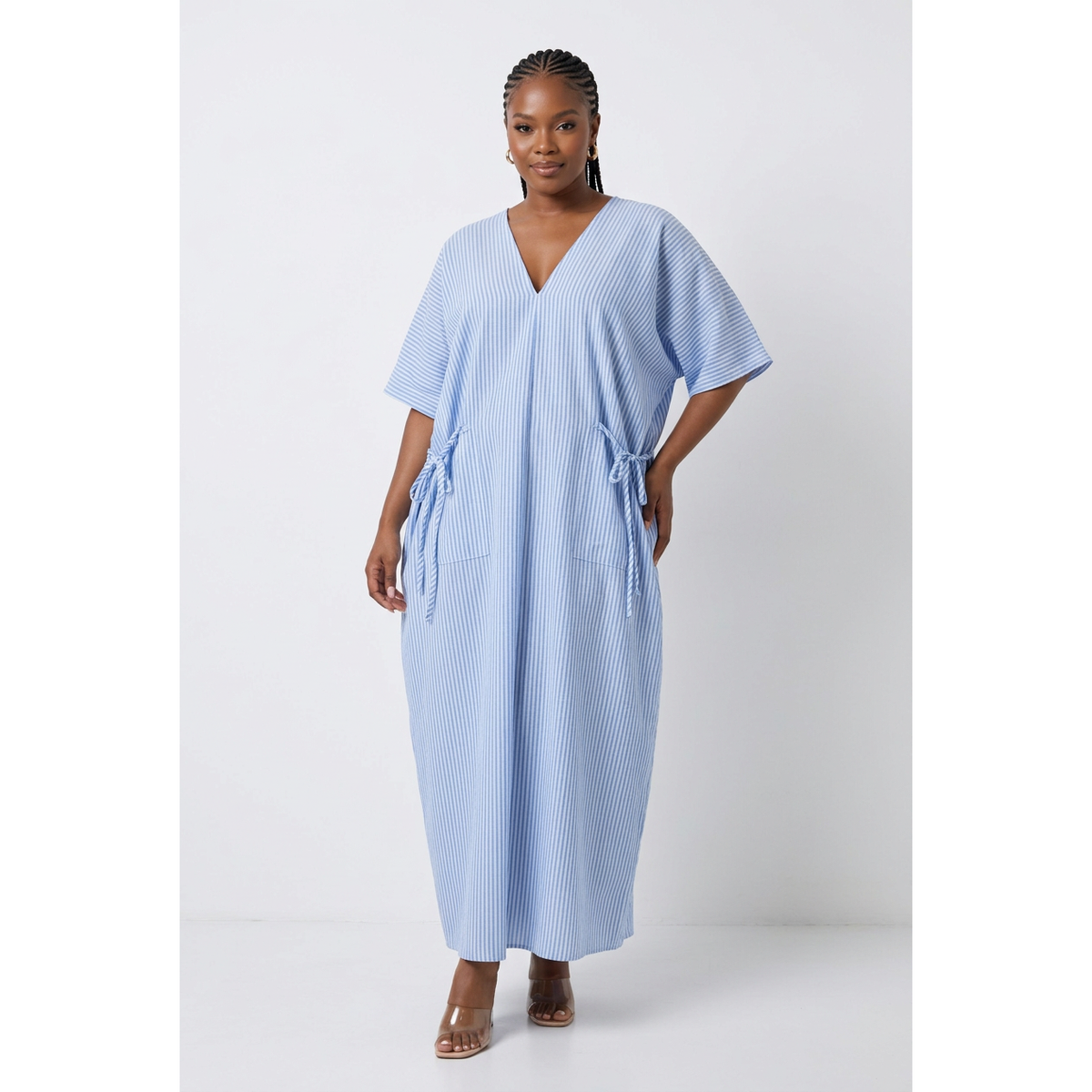 Striped V-Neck Kaftan Maxi Dress with Side Ties