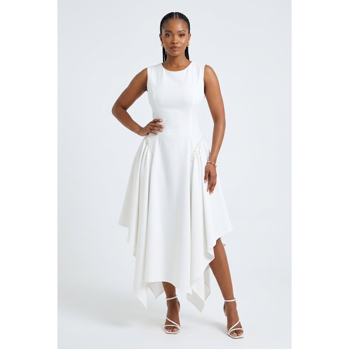 Pearl-Detail Asymmetric Hem Dress with Lace-Up Back