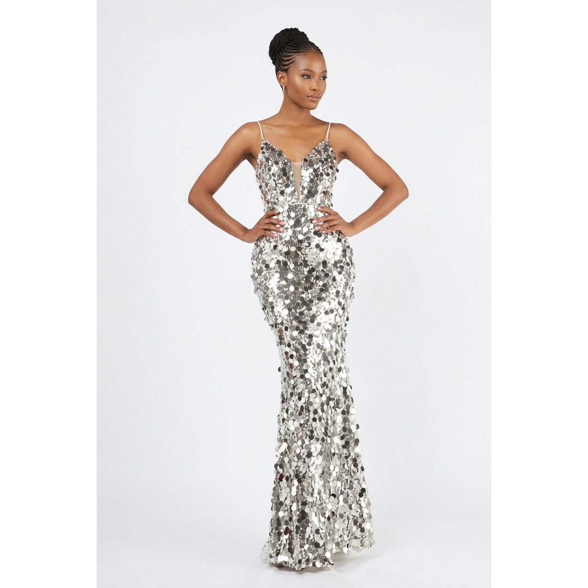 Plunge-Neck Sequin Mermaid Maxi Dress