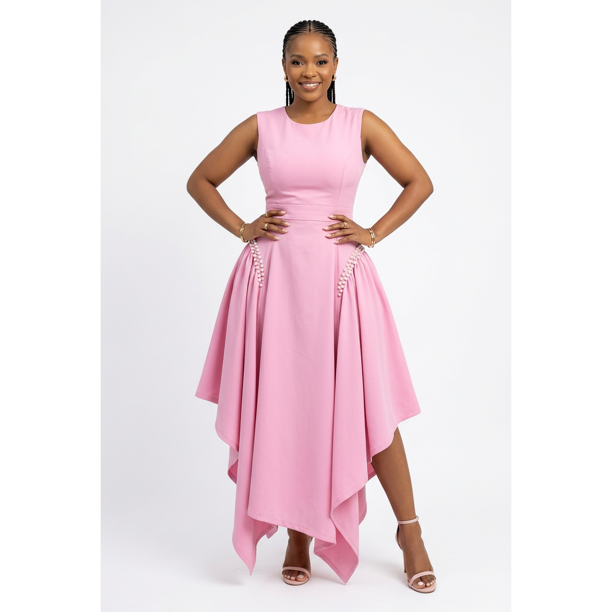 Pearl-Detail Asymmetric Hem Dress with Lace-Up Back