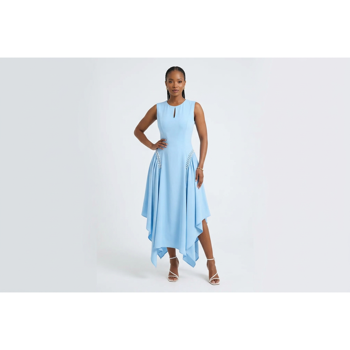 Pearl-Detail Asymmetric Hem Dress with Lace-Up Back