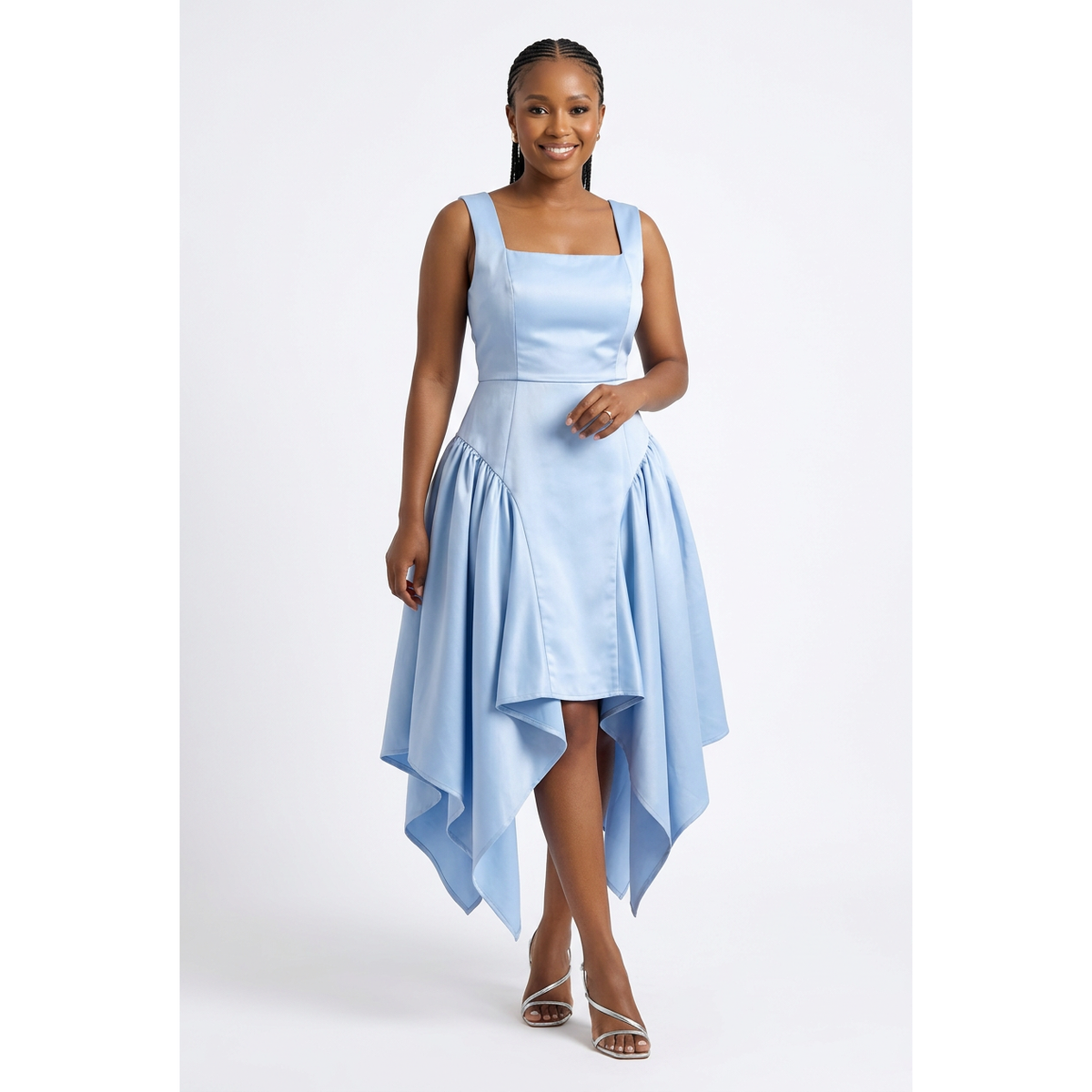 Square-Neck Asymmetric Hem Fit-and-Flare Dress