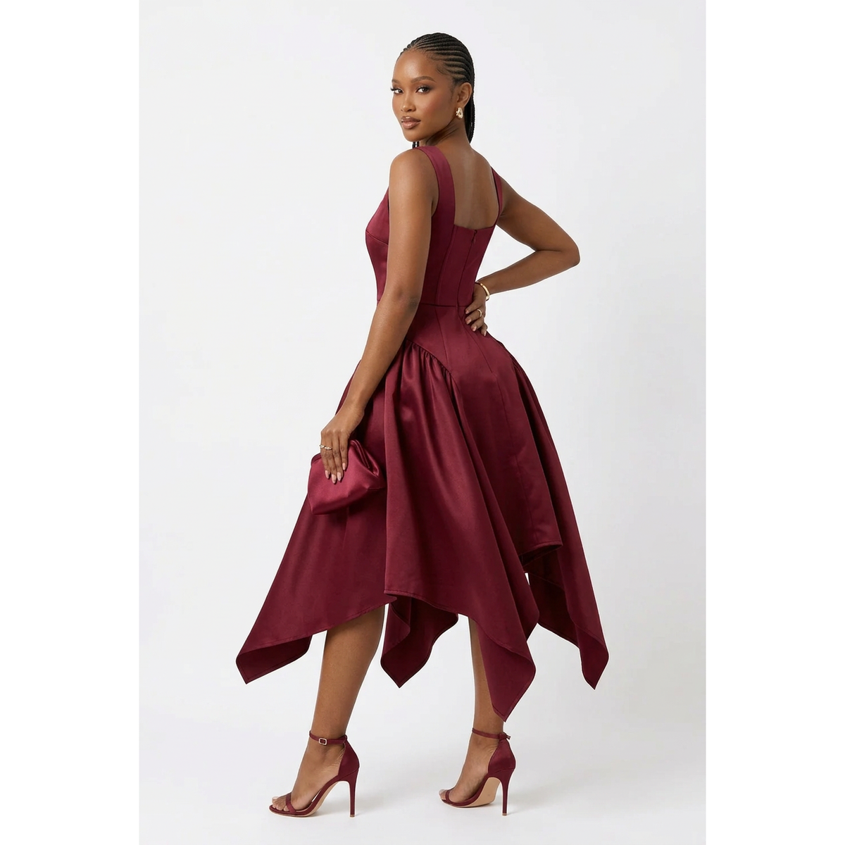 Square-Neck Asymmetric Hem Fit-and-Flare Dress