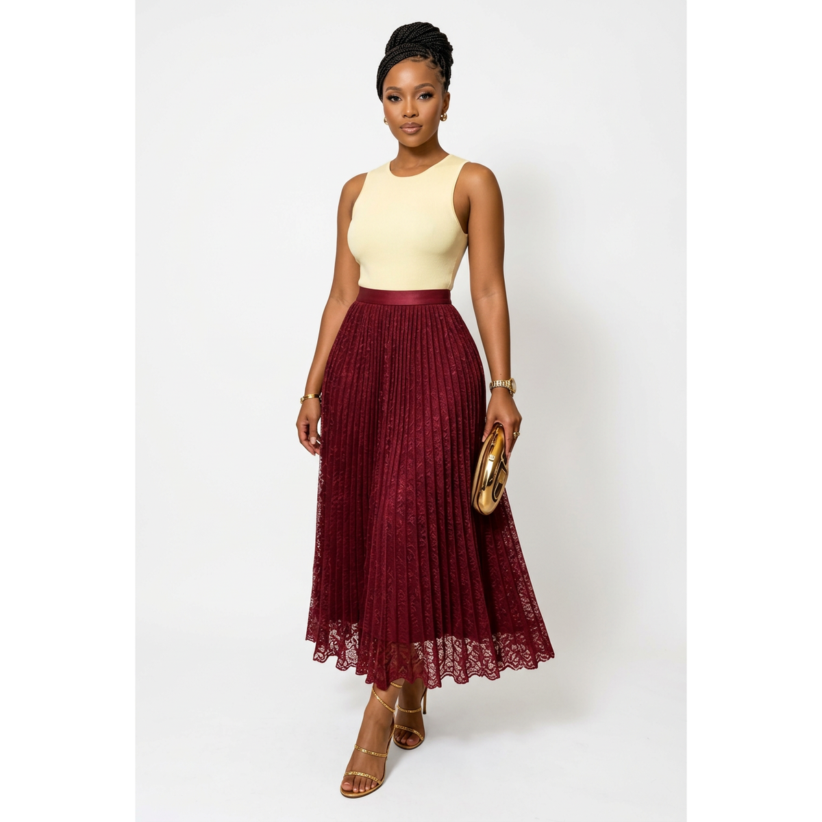 High-Waisted Pleated Lace Midi Skirt