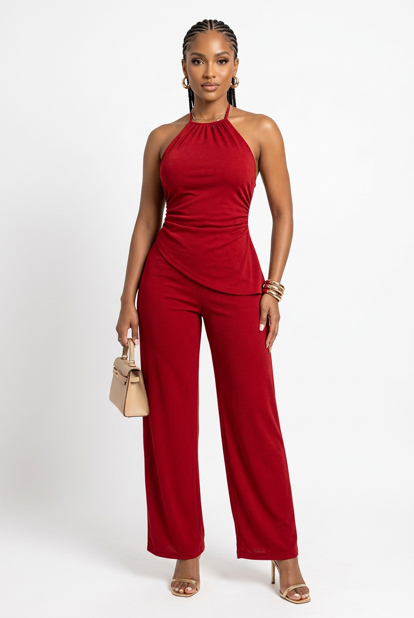 Ruched Halter Top and Wide-Leg Trousers Two-Piece Set